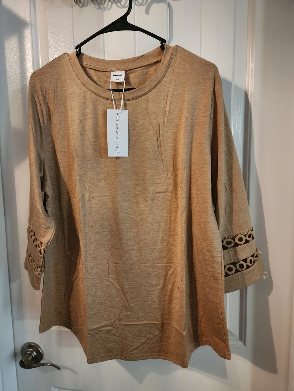 Women's Tan Long Sleeve Knit Top with Lace-Trim Sleeves